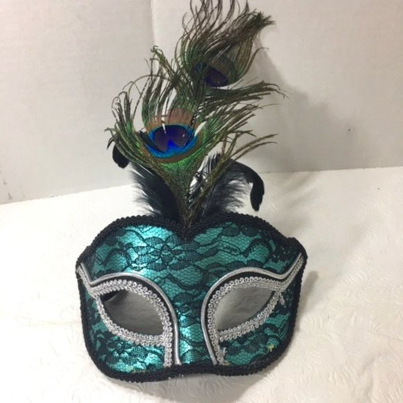 Turquoise Black Lace Peacock Feathers Masquerade Halloween Mask - Picture 1 of 9